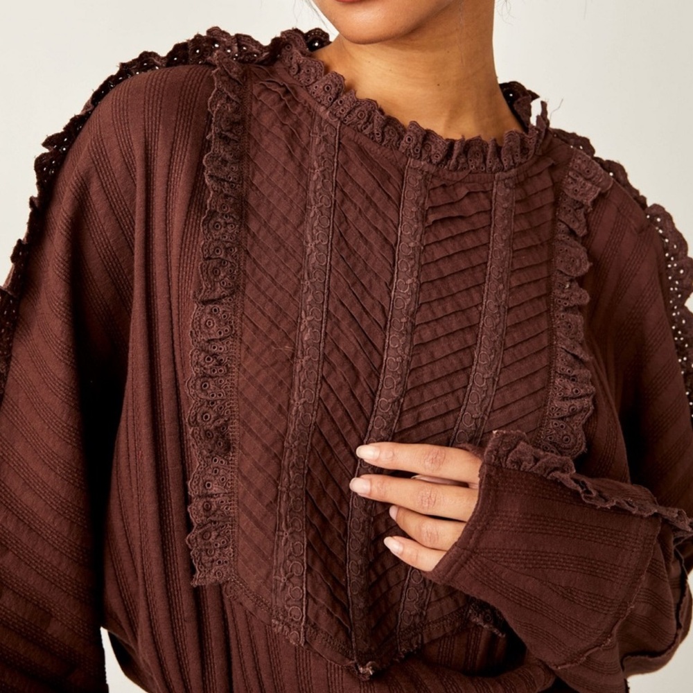 Free People More Romance Eyelet Lace Ruffle Mocha Shirt- Small - Picture 2 of 11